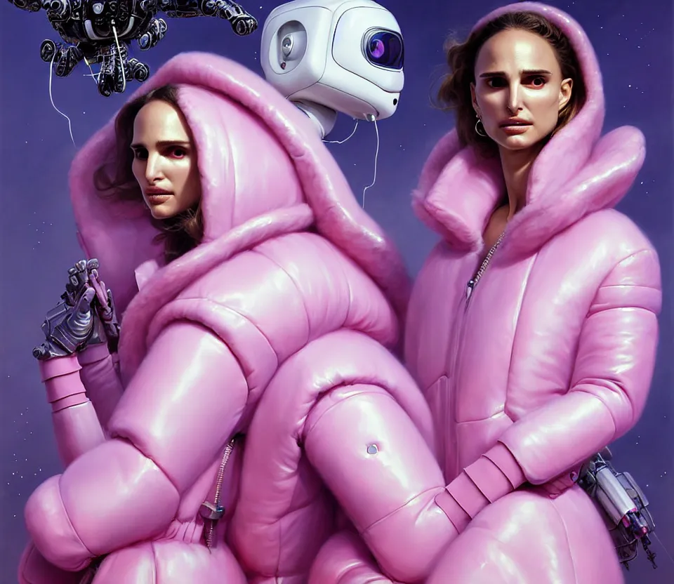 Prompt: beautiful fantasy character portrait, natalie portman, wearing pink puffy bomber jacket with white fur, robots, seductive reclining pose, futuristic chrome drones, ultra realistic, dramatic lighting, natural born killers artifacts, highly detailed by peter mohrbacher, hajime sorayama, wayne barlowe, boris vallejo, aaron horkey, gaston bussiere, craig mullins
