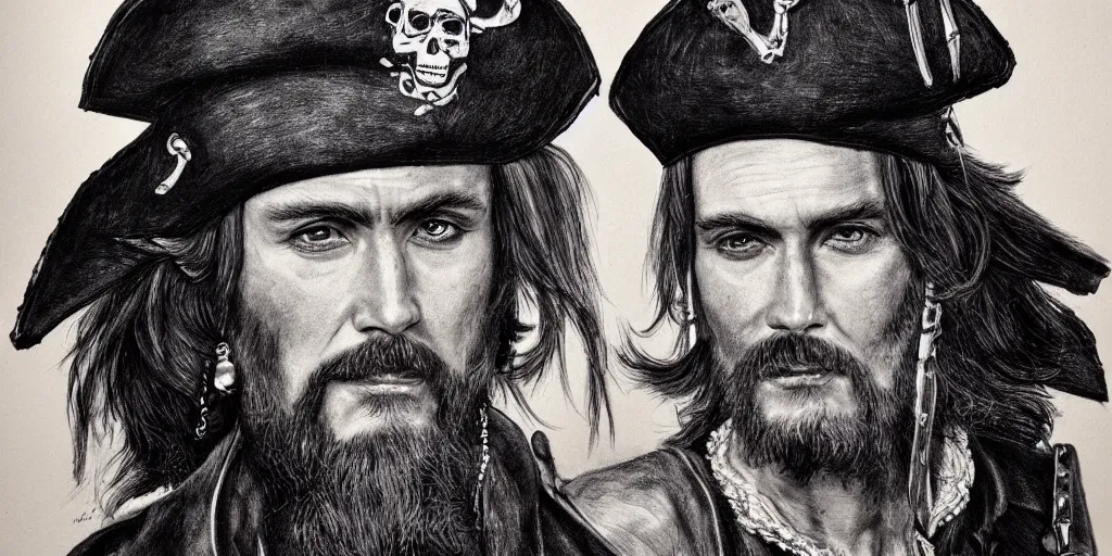 Image similar to realistic portrait of a handsome pirate captain with black hair, 1450, ink, ultra realistic, 8k