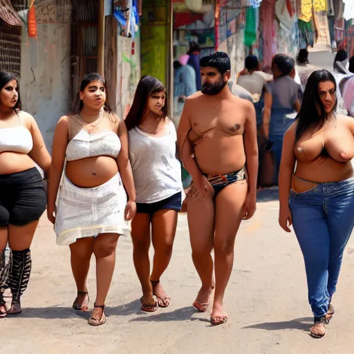 Prompt: 4k photo of a short brown indian man walking with a young asian woman, a thick white blonde teenage girl, and a thick juicy spanish teenage girl, and a black bodacious babe in a small town in india