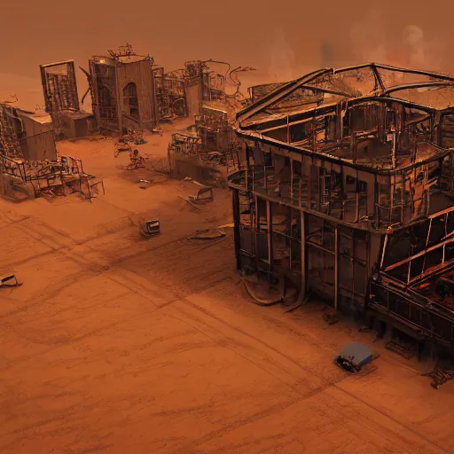 Prompt: a burning factory in the middle of a sandy desert. artstation. high-quality.