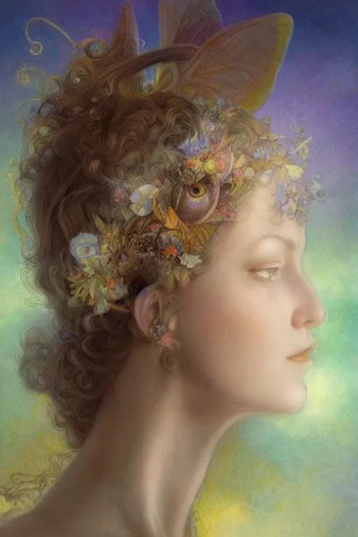 Image similar to a faerie, profile portrait, golden ratio, detailed, rainbowshift, by jean - baptiste monge and maxfield parrish and artgerm