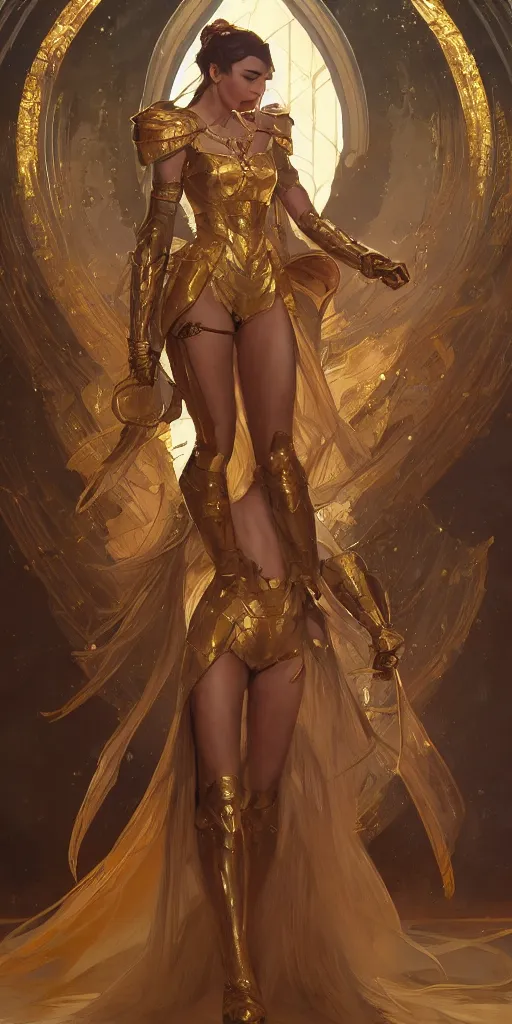 Image similar to a princess wearing a golden armor, full-body shot, digital painting, smooth, elegant, hd, art by WLOP and Artgerm and Greg Rutkowski and Alphonse Mucha