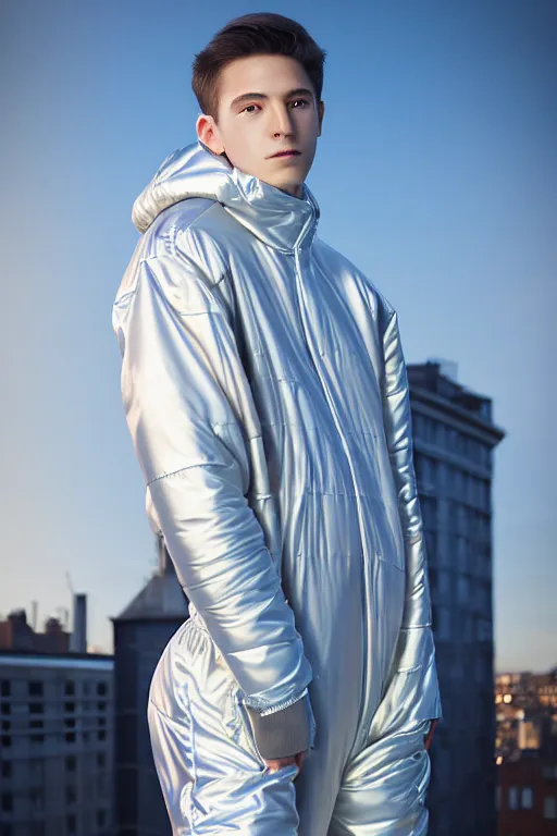 Image similar to un ultra high definition studio quality photographic art portrait of a young man standing on the rooftop of a british apartment building wearing soft baggy inflatable padded silver iridescent pearlescent clothing. three point light. extremely detailed. golden ratio, ray tracing, volumetric light, shallow depth of field. set dressed.