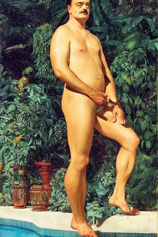 Prompt: Mike Patton wearing a Speedo, Next to a pool, golden hour, in a garden, artstation, by J. C. Leyendecker and Peter Paul Rubens,