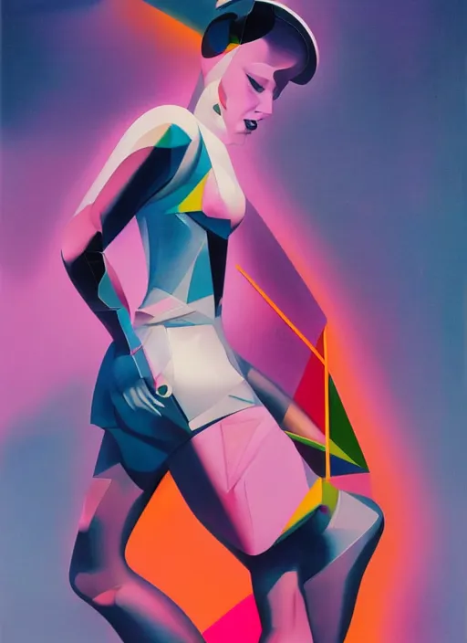 Prompt: futuristic lasers, data visualization, cyberpunk visor girl pinup, by steven meisel, james jean and rolf armstrong, geometric cubist acrylic and hyperrealism photorealistic airbrush painting with retro and neon colors