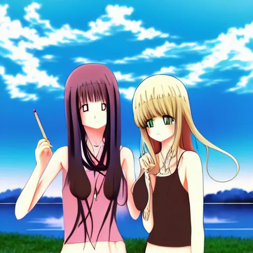 Image similar to two beautiful lesbian girls in love, smoking a hemp cigarette in front of a lake, in the style of anime, pixiv, intricate, elegant, highly detailed, lush, stylized, japanese, smooth