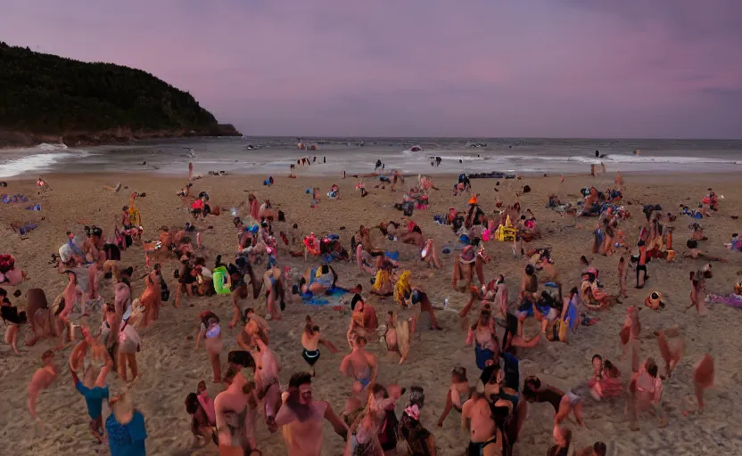 Prompt: long exposure photography of a crowd of muppets having a crazy party at the beach,