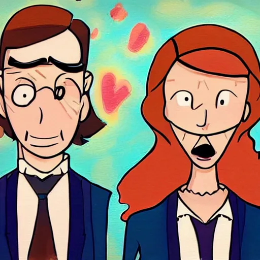 Prompt: a scrinshort of beautiful painting, wedding couple in style of gravity falls cartoon, coherent symmetrical faces