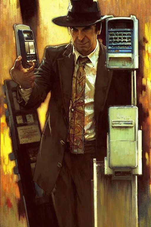 Image similar to saul goodman at a payphone, painting by'phil hale '!!! gaston bussiere, craig mullins, greg rutkowski, alphonse mucha, lady liberty