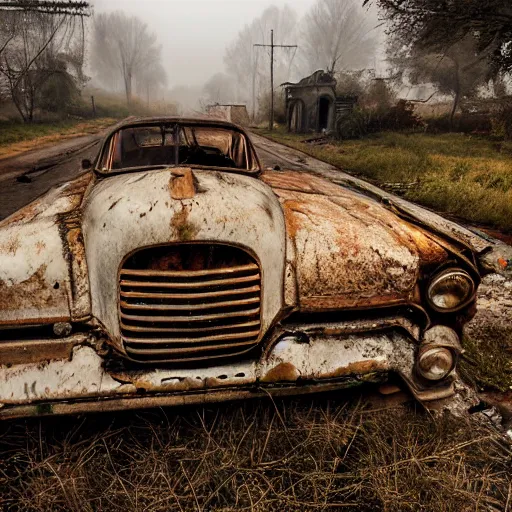 Image similar to apocalyptic, ruined town, abandoned streets, littered, decrepit homes and sheds on the side of the road, slowly being reclaimed by nature. rusted vintage cars. fog, dew, rain, volumetric lighting, beautiful, summer morning dew, sharp focus, ultra detailed, cgsociety - w 1 0 2 4 - n 8 - i