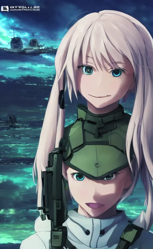 Image similar to smiling girl, trading card front, future soldier clothing, future combat gear, realistic anatomy, concept art, professional, by ufotable anime studio, green screen, volumetric lights, stunning, military camp in the background, metal hard surfaces, focus on generate the face, left eye is closed, tanny skin