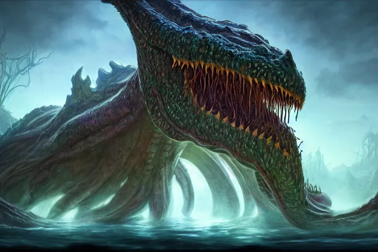 Image similar to highly detailed portrait photo of a huge mûmakil-yogg-saron, in a scenic dystopian environment, hyperrealistic Illustration