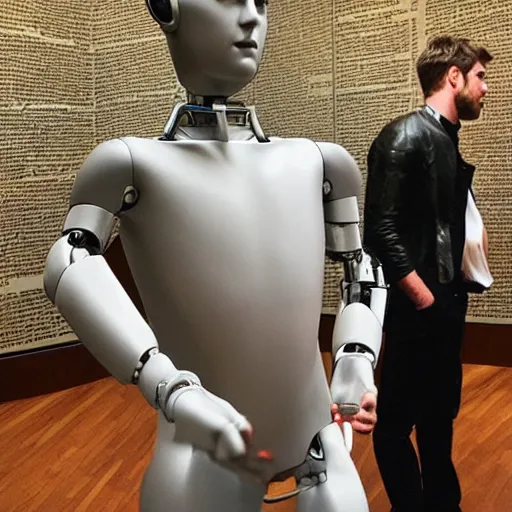 Image similar to “ a realistic detailed photo of a guy who is an attractive humanoid who is half robot and half humanoid, who is a male android, actor liam hemsworth, shiny skin, posing like a statue, blank stare, at the museum, on display ”