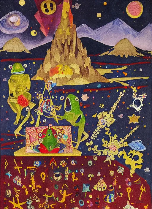 Image similar to pixel decollage painting tarot lovers card composition tower of babel road red armor maggot bear and wonky alien frog skeleton knight on a horse in a dark red cloudy night sky with golden foil jewish stars, occult symbols and diamonds, mountain lake and blossoming field in background, painted by Mark Rothko, Helen Frankenthaler, Danny Fox and Hilma af Klint, pixelated, neo expressionism, semi naive, pastel colors, cinematic, color field painting, cave painting, voxel, pop art look, outsider art, minimalistic. Bill Traylor painting, part by Philip Guston and Francis Bacon. art by Adrian Ghenie, very coherent symmetrical artwork, cinematic, hyper realism, high detail, octane render, unreal engine, Smooth gradients, depth of field, full body character drawing, extremely detailed, 8k, extreme detail, intricate detail, masterpiece