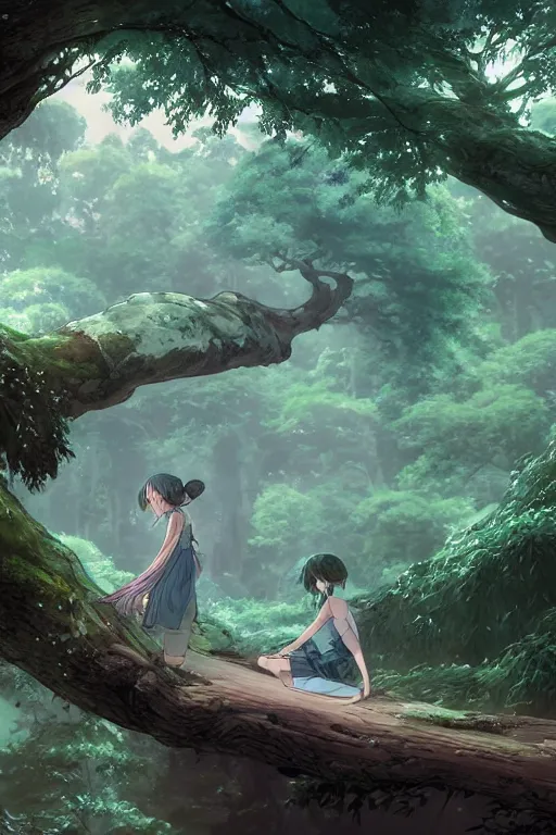 Image similar to ethereal river flowing through a giant ancient tree, serene evening atmosphere, pixie dust in the air, soft lens, soft light, cel - shading, animation, in the style of cgsociety, deviantart, artstation, zbrush, cinema 4 d, studio ghibli, akihiko yoshida, atelier lulua, masamune shirow
