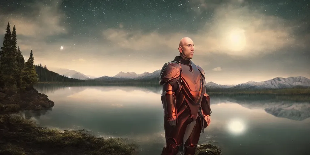 Image similar to beautiful landscape of small lake at night with distant mountains and close - up of a bald symmetric man in futuristic armor, ultra realistic, highly detailed, hd, sharp focus, cinematic lighting, realistic, vivid colors, painting, digital art, non blurry, sharp