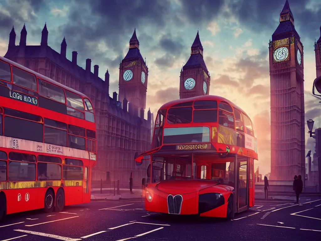 Image similar to an ancient beautiful cyborg with glowing eyes in the city of London, westminster in background, london bus, colourful, dramatic lighting, golden hour, very detailed octane render very realistic beautiful