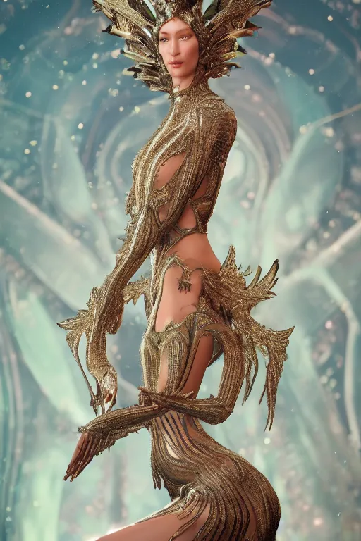 Image similar to a highly detailed 8 k render of a beautiful alien goddess bella hadid in iris van herpen dress schiaparelli in diamonds in style of alphonse mucha trending on artstation made in unreal engine 4