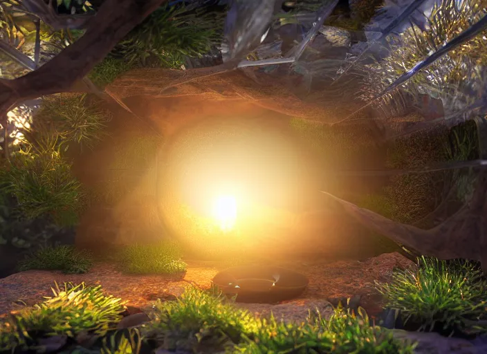 Prompt: a macro shot inside a terrarium, morning sunrise, digital art, concept, radiant light, soft highlights, smooth render, unreal engine render