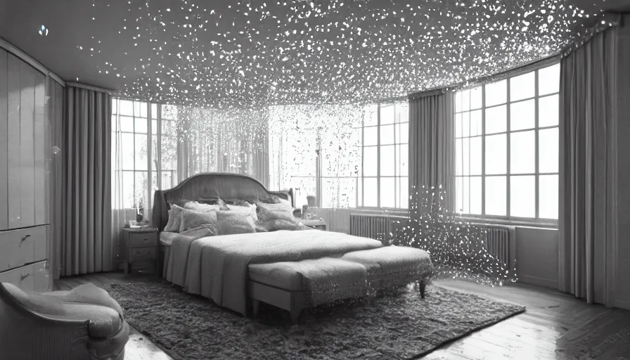 Image similar to A vintage magazine architecture photo of a bedroom in fhloston paradise , refracted lines and sparkles, hyperrealistic 8k uhd, award-winning,