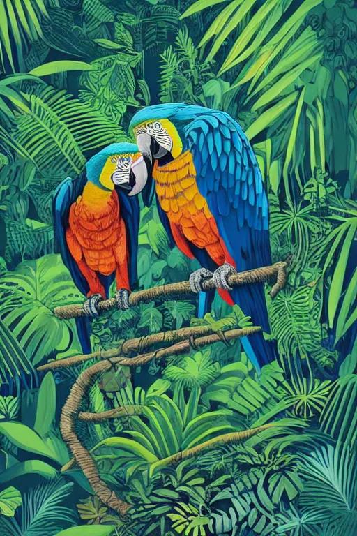 Image similar to a beautiful linocut of a lush jungle with a macaw parrot, 8 k, frostbite 3 engine, cryengine, dof, trending on artstation, digital art, crepuscular ray, art by roy l davies and tugboat printshop