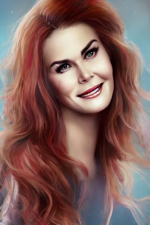 Prompt: mix of beautiful young maria shriver, mariel hemmingway, brooke shields, nicole kidman and elle macpherson as a vampire showing vampire teeth, ready to bite, thin lips, hair tied up in a pony tail, dark blonde hair, colorful, artstation, cgsociety