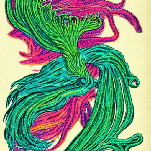 Image similar to vintage colored detailed illustration of random seaweed, neon colors