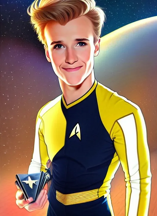 Prompt: cute star trek officer jack laugher, natural lighting, path traced, highly detailed, high quality, digital painting, by don bluth and ross tran and studio ghibli and alphonse mucha, artgerm