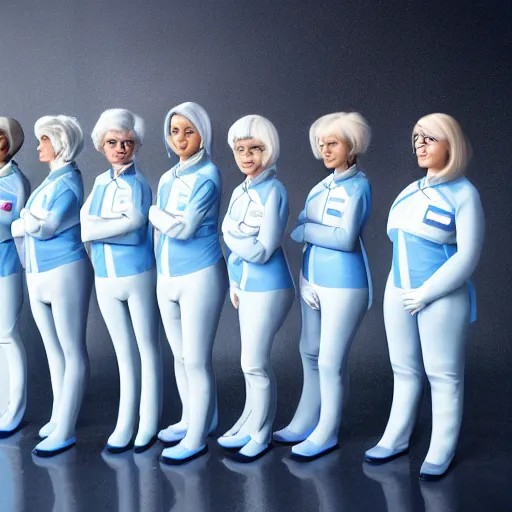 Prompt: line of six tall short fat scrawny women, white hair, tight light blue neopren space uniforms, futuristic chemistry lab, sci - fi, highly detailed, cinematic