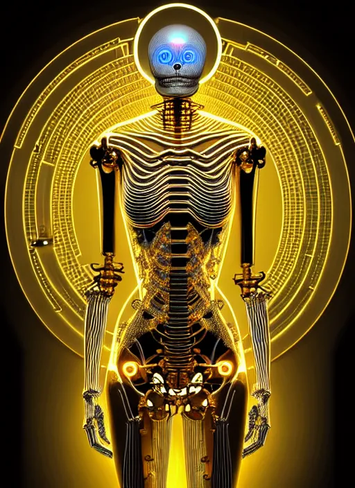 Image similar to full body rendering of a futuristic female golden mechanical skeleton with human face, wires, glowing internal light, hyperdetailed illustration by alex grey, intricate linework, faberge, intricate gold linework, dark atmosphere, unreal engine 5 highly rendered, global illumination, radiant light, detailed and intricate environment