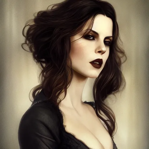 Image similar to the ultimate vampire, kate beckinsale, smokey eyes, gothic, large flared gothic dress, trending on / r / moreplatesmoredates, oil on canvas artstation by j. c. leyendecker and edmund blair leighton and charlie bowater octane render