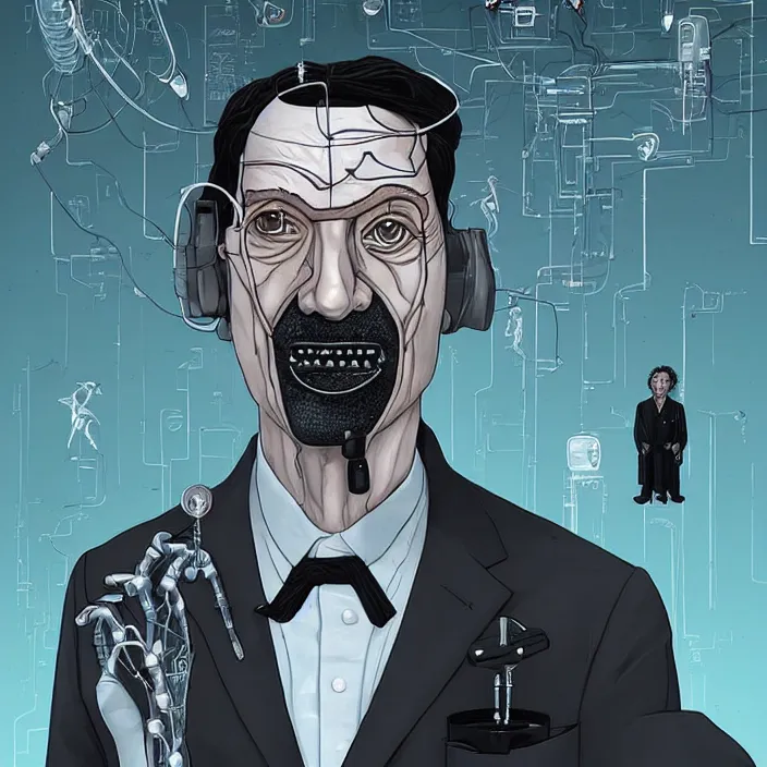 Prompt: A portrait of one! chilean mad scientist male with cyborg face looking at the camera with a queasy smile!!, wearing a black suit under a white! laboratory coat, in a mixed style of Botticelli and Æon Flux!!, inspired by Simon Stålenhag paintings, and cyberpunk!!!, stunningly detailed, stunning inking lines, flat colors, 4K photorealistic