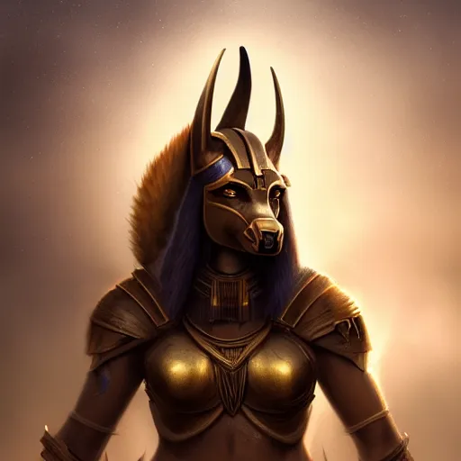 Image similar to Beautiful aesthetically pleasing female Anubis warrior portrait, face centered portrait, Confident, fog, rain, volumetric lighting, beautiful, golden hour, sharp focus, ultra detailed, conceptartworld by Leesha Hannigan, Ross Tran, Thierry Doizon, Kai Carpenter, Ignacio Fernández Ríos