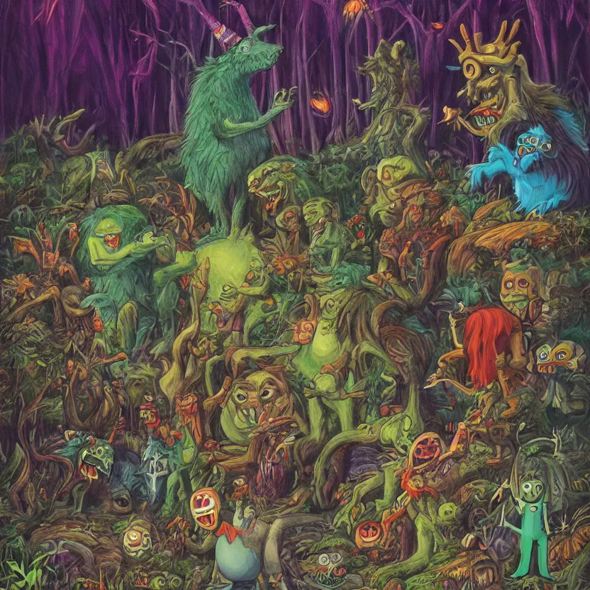 Image similar to a scene of colorful cartoon monsters in the clearing of a dark fantasy forest surrounded by darkness. hyperrealist illustration. muted colors. 1 9 7 0's pulp science fiction and fantasy cartoon for alice in wonderland and wizard of oz. richly colored painting by don ivan punchatz.