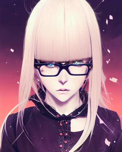 Prompt: blonde haired with bangs gothic magical girl anime character with glasses screenshot, anime, intricate, sharp focus, illustration, highly detailed, digital painting, cell shaded, concept art, matte, art by ilya kuvshinov and kyoto animation and ruan jia and greg rutkowski, studio quality, aniplex, masterpiece