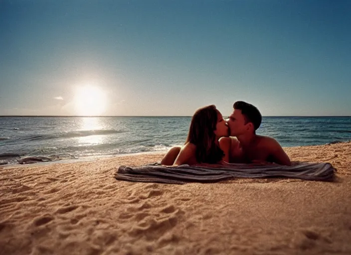 Prompt: A hyper realistic and detailed photography of a couple kissing from movie Here to Eternity, laying on secluded beach. by Cameron Hammond. 1955. Cinematic. Golden Hour. Kodak Portra 400. Lens flare. 35mm lens