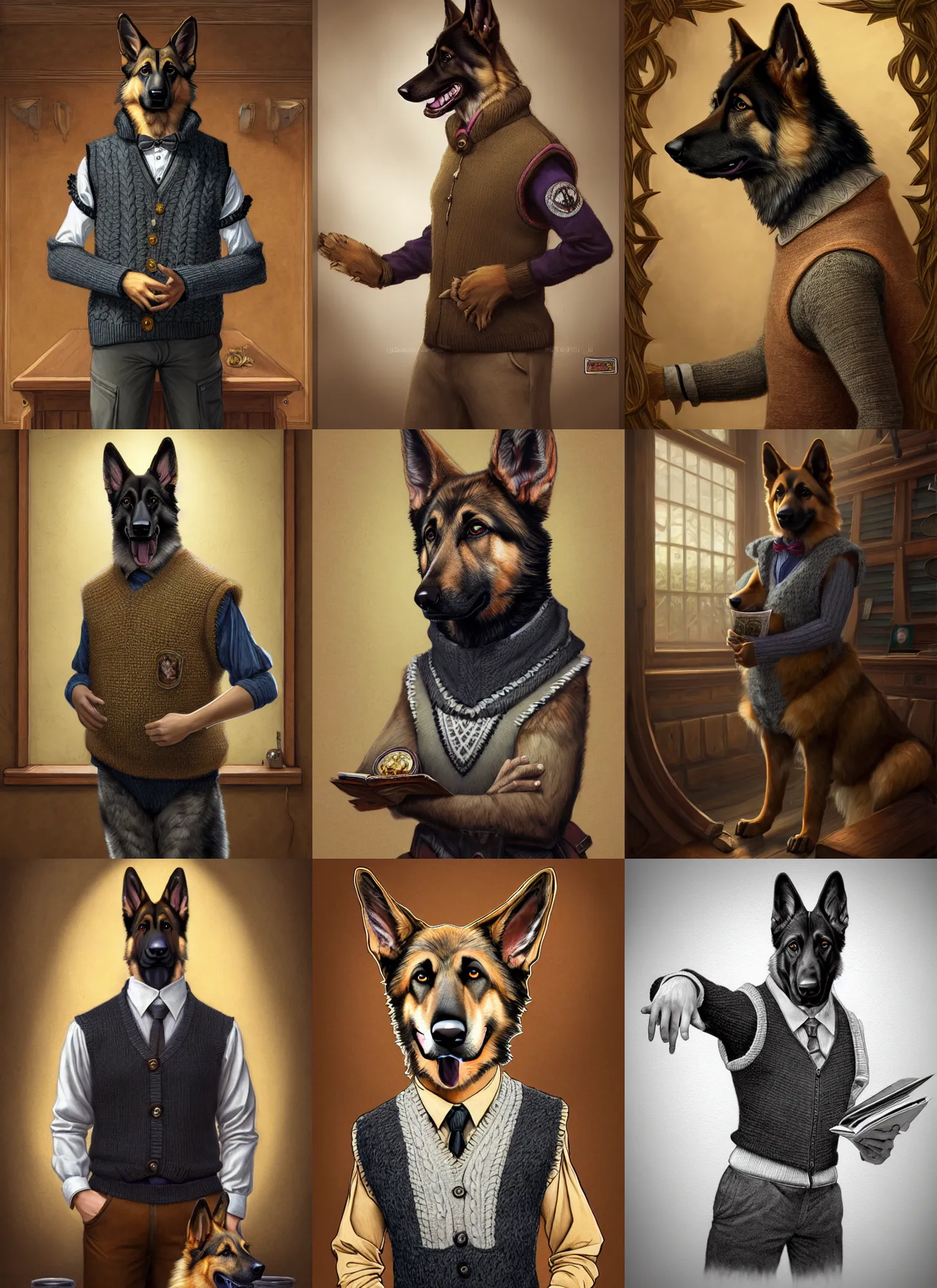 Prompt: photograph of a male anthropomorphic german shepherd fursona wearing a sweater vest in a school classroom, deep focus, intricate, elegant, highly detailed, digital painting, artstation, concept art, matte, sharp focus, illustration, d & d, fantasy, hearthstone, art by artgerm and greg rutkowski and alphonse mucha