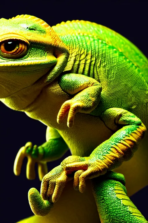 Prompt: high quality 3 d render hyperrealist very cute happy chameleon wearing armor, vray smooth, detective pikachu, very dramatic light, low angle, uhd 8 k, shallow depth or field