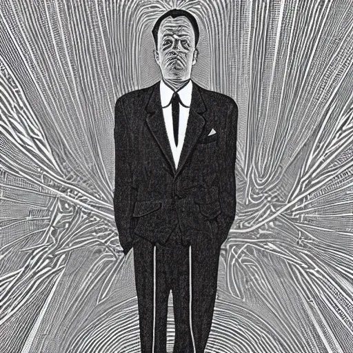 Image similar to cell shading opulent by chris van allsburg. a photograph of a suit. the man's eyes are closed & he has a serene, content look on his face. his arms are crossed in front of him & is floating in space. background is swirling with geometric shapes & patterns.