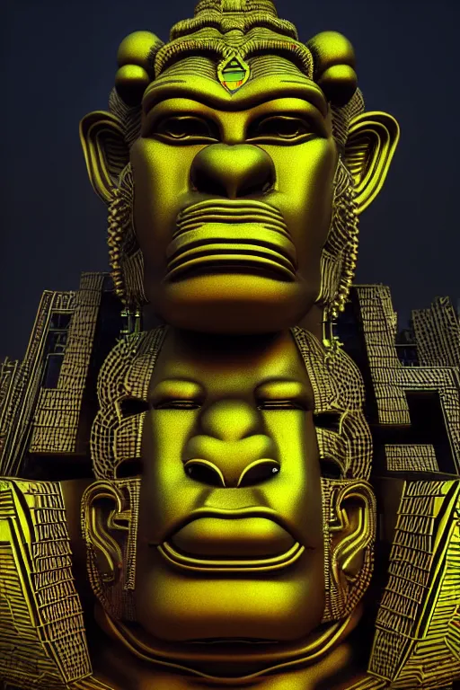 Image similar to high quality 3 d render hyperrealistic cyberpunk brutalist hanuman head building, neon yellow madhubani, highly detailed, in sci - fi mumbai, unreal engine cinematic smooth, liam wong, moody light, low angle, uhd 8 k, sharp focus