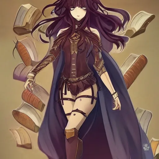 Image similar to “A detailed gorgeous beautiful anime woman with brown flowing hair, long blue-cape, decorative leather armor, great proportions, excellent detail, surrounded by a catacomb of books, high quality, Full-body character portrait, in the style of rossdraws”