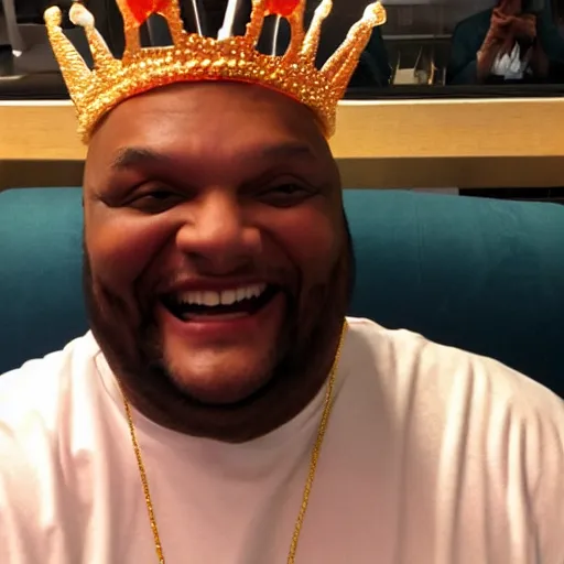 Prompt: ruben studdard wearing a Burger King crown, smiling and happy