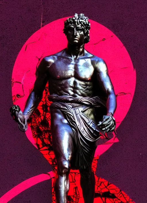 Prompt: black background with very subtle red and purple design elements, statue of julius caesar, powerful, nekro, graphic design, collage art, thin lines, dark, glitch art, neo vaporwave, gritty, layout frame, square, trending on artstation