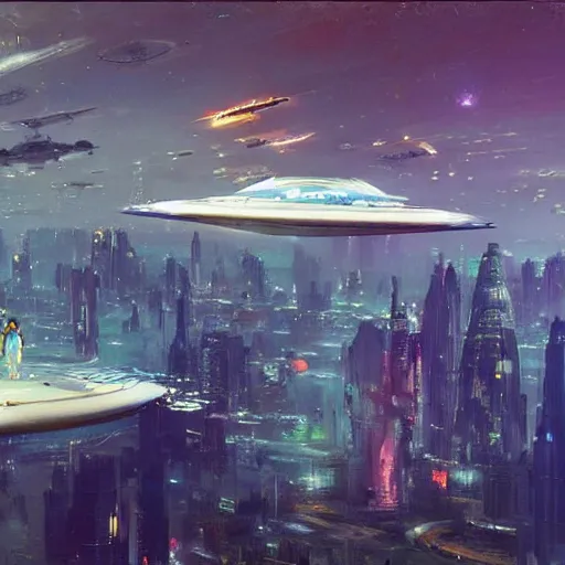 Prompt: gorgeous sci fi imagery | landing spot | space and city flying craft | futuristic | beautiful couple in the foreground heading to their hovering transport | futurism | modern couple | futuristic cityscape in the background | low angle close up | by john berkey, greg rutkowski, james gurney
