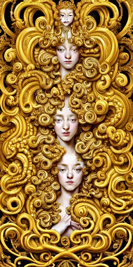 Image similar to the source of future growth dramatic, elaborate emotive Golden Baroque and Rococo styles to emphasise beauty as a transcendental, seamless pattern, symmetrical, large motifs, versace medusa logo in centre, bvlgari jewelry, rainbow syrup splashing and flowing, Palace of Versailles, 8k image, supersharp, spirals and swirls in rococo style, medallions, iridescent black and rainbow colors with gold accents, perfect symmetry, High Definition, photorealistic, masterpiece, smooth gradients, high contrast, 3D, no blur, sharp focus, photorealistic, insanely detailed and intricate, cinematic lighting, Octane render, epic scene, 8K