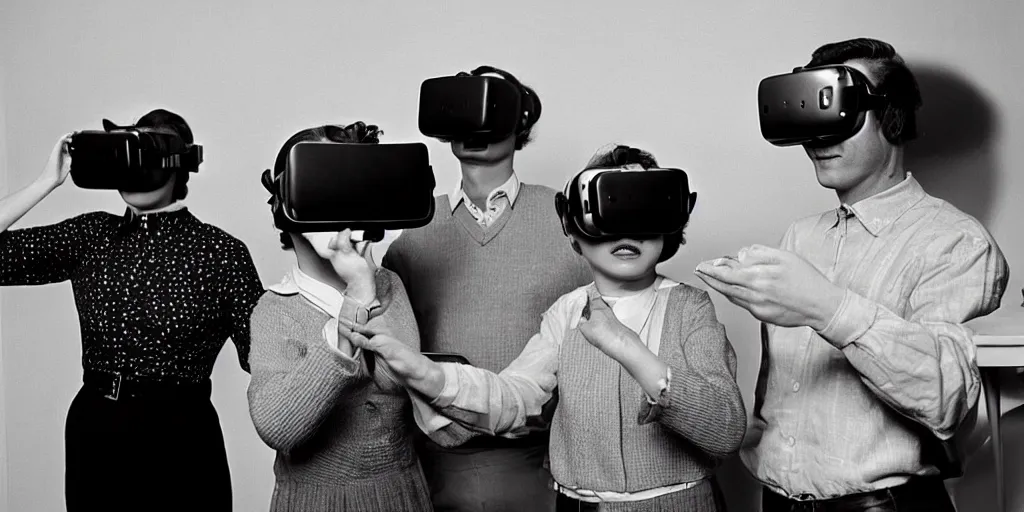 Prompt: people from the 1 9 5 0 s playing with virtual reality goggles, they are in awe, photograph