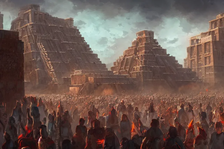 Image similar to brutalist Aztec architecture, crowds at the sacrifice, Jessica Rossier and andreas rocha