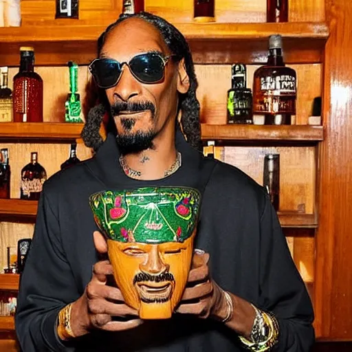 Prompt: snoop dogg at trader vic's bar holding a tiki mug with his face on it n - 9