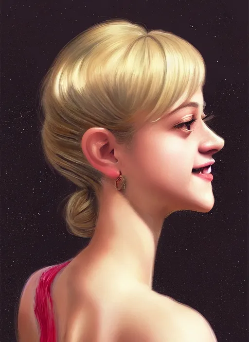 Image similar to portrait of lili reinhart with fluffy bangs, smiling kindly, bangs, 1 9 6 0 s, ponytail, curly bangs and ponytail, rounder face, intricate, elegant, glowing lights, highly detailed, digital painting, artstation, concept art, smooth, sharp focus, illustration, art by wlop, mars ravelo and greg rutkowski