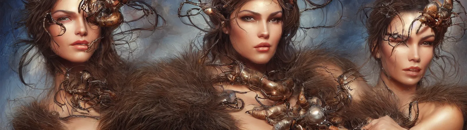 Prompt: beauty woman wrapped in bear fur, snakes for hair, detailed face, surrounded by spiders, very detailed, dramatic lighting, detailed mechanical hands, electrical details, high details, 4k, 8k, trending on artstation, by Hajime Sorayama and Boris Vallejo